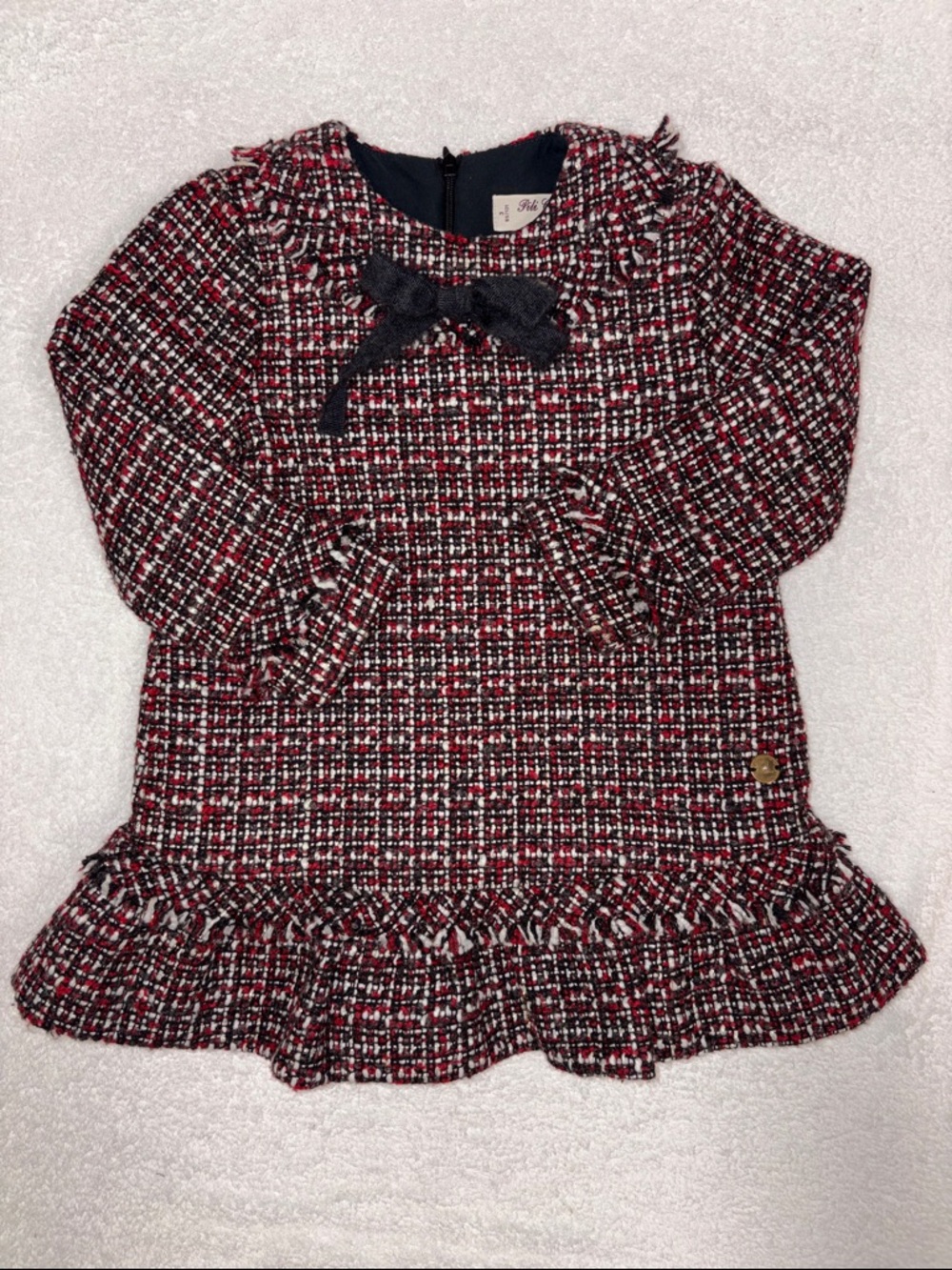 Pili Carrera Spain Girls Tweed Bow-Accent Dress - Red & Black long sleeve girl 3